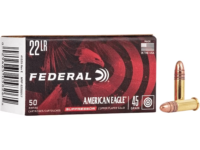 Federal American Eagle Suppressor Ammunition 22 Long Rifle 45 Grain Copper Plated Lead Round Nose