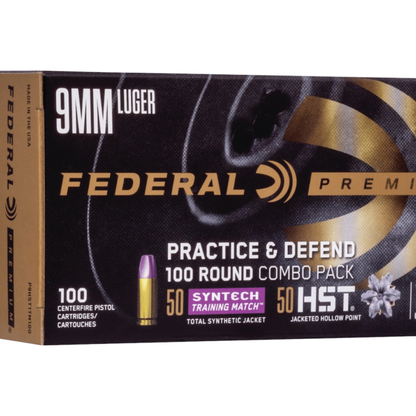 Federal Practice & Defend HST/Syntech Combo Ammunition 9mm Luger 124 Grain Jacketed Hollow Point & Total Synthetic Jacket Box of 100