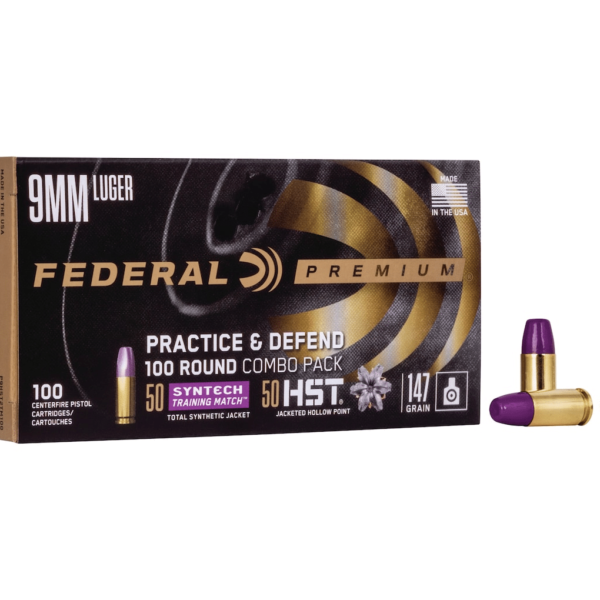 Federal Practice & Defend HST/Syntech Combo Ammunition 9mm Luger 147 Grain Jacketed Hollow Point & Total Synthetic Jacket Box of 100