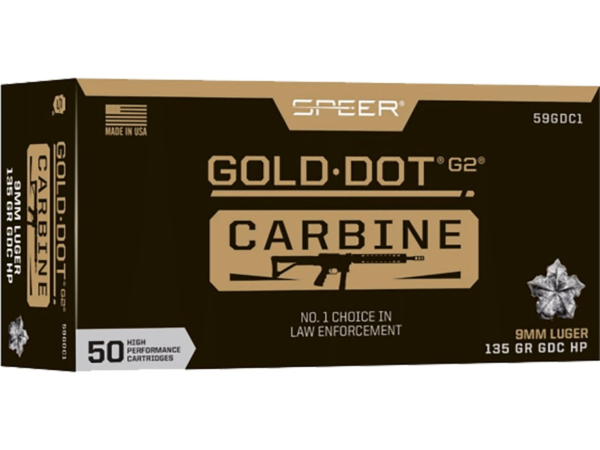 Speer Gold Dot Carbine Ammunition 9mm Luger 135 Grain G2 Jacketed Hollow Point Box of 50