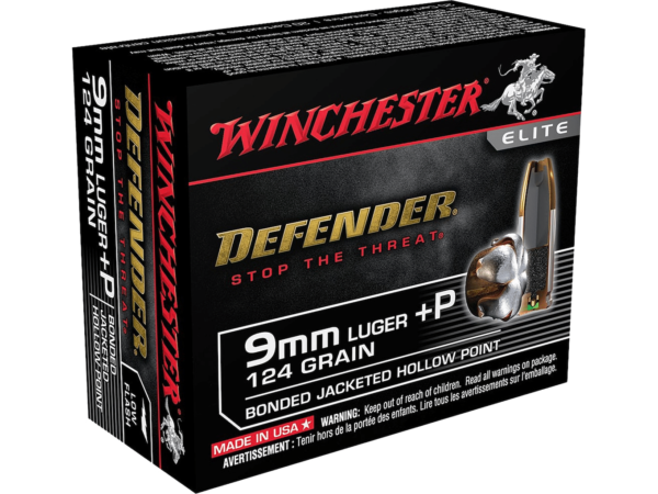 Winchester Defender Ammunition 9mm Luger +P 124 Grain Bonded Jacketed Hollow Point