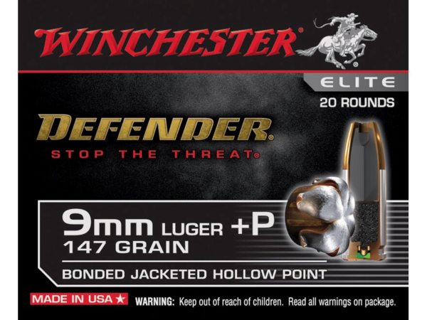 Winchester Defender Ammunition 9mm Luger +P 147 Grain Bonded Jacketed Hollow Point Box of 20