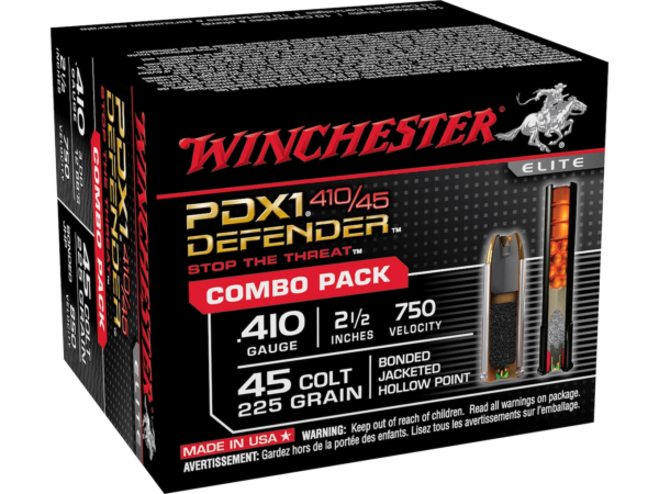 Winchester Defender Ammunition Combo Pack 45 Colt (Long Colt) 225 Grain Bonded Jacketed Hollow Point and 410 Bore 2-1/2" 3 Disks over 1/4 oz BB Box of 20 (10 Rounds of Each)